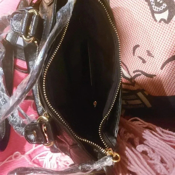 Black Vegan Leather Moto City Satchel Bag with Tassels Removable Strap - Picture 5 of 15